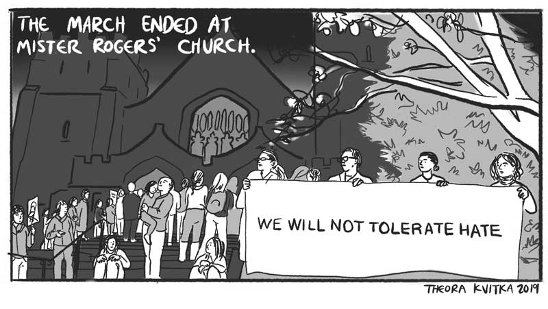 comic panel of a protest outside a church