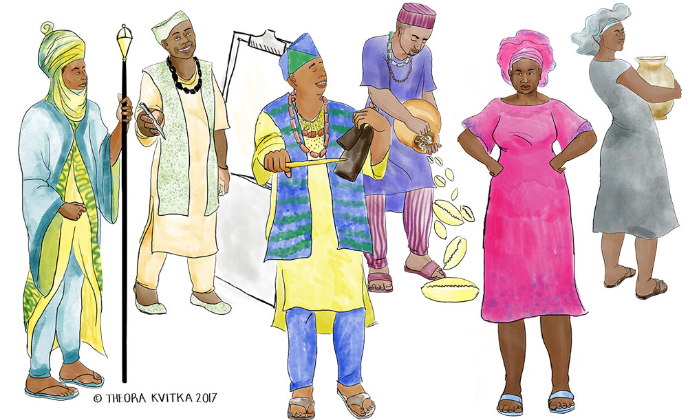 illustration of a group of people dressed in traditional Yoruba clothing