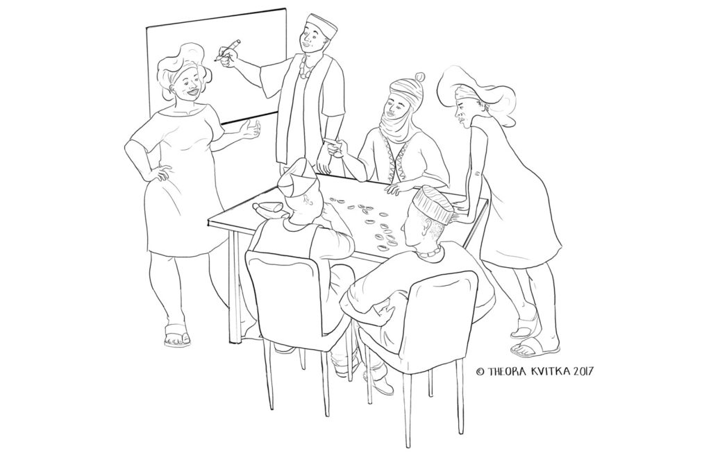 line drawing of people negotiating at a table