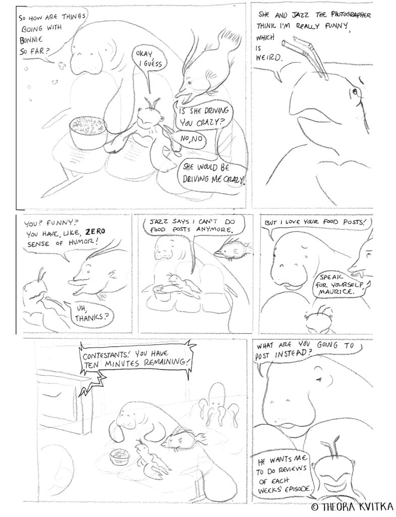 A sketchy comic book page of a manatee, a hog fish and Jack the sea turtle watching an episode of Celebrity Garbage Patch and chatting.