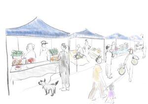 illustration of a farmers market with several stalls and people walking around and shopping.