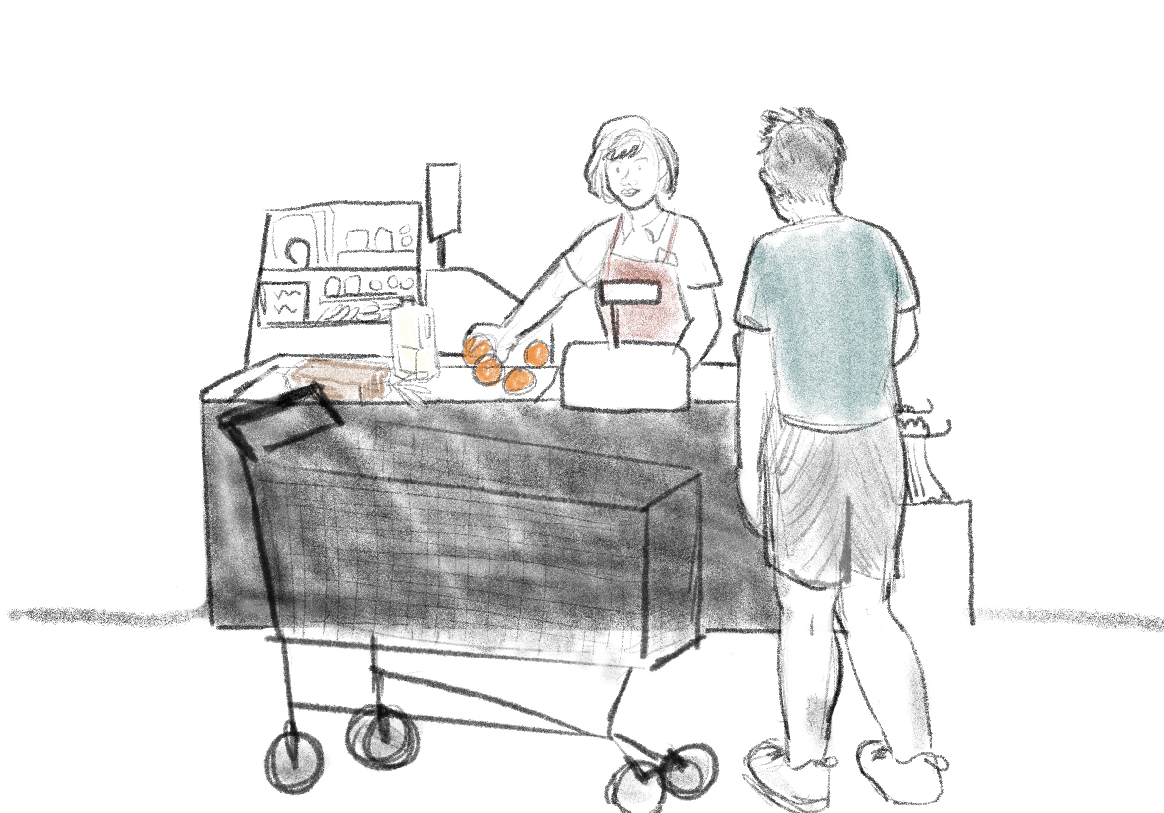 Illustration of a man at a grocery checkout with a cashier.