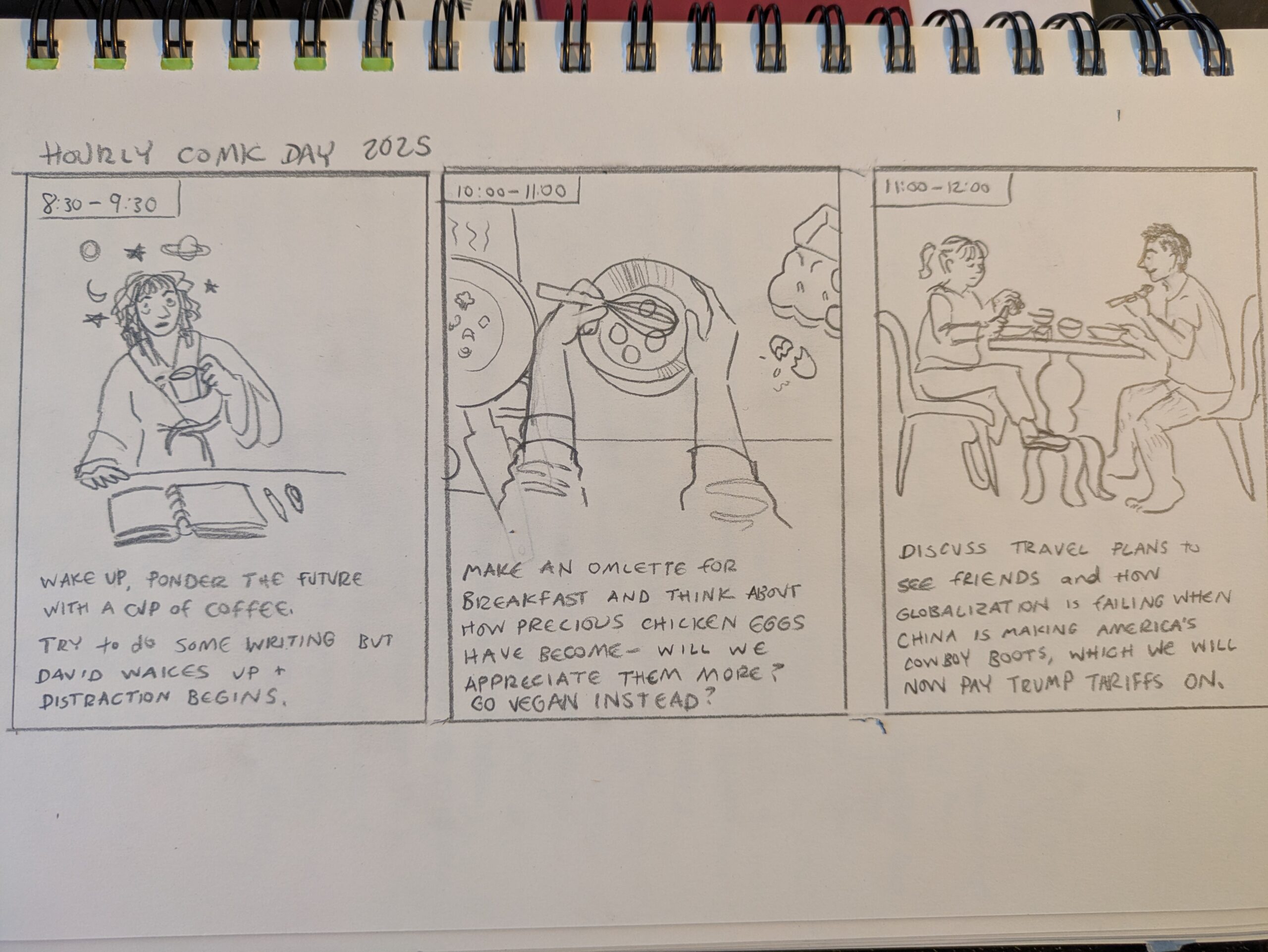 Photo of hourly comic day drawings in sketchbook